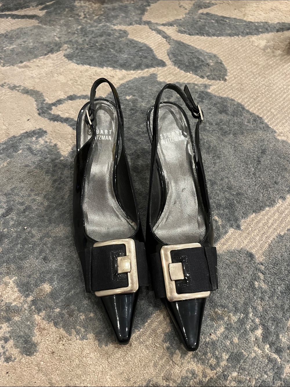 Stuart Weitzman Black Patent Pointed Slingback kitten heel with Silver Buckle